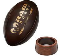 Pallone da rugby vintage, con supporto da mostra in legno lucido, vera pelle, prodotto in India, supporto in legno lucido con scritte dorate come si faceva un tempo