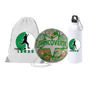 Pallone N.5 con i colori dell' Avellino calcio e scritta Forza Biancoverdi + una borraccia bianca in alluminio e una sacca in nylon con stampa dei colori della tua squadra del cuore tifoso regalo