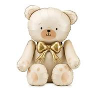 Pallone PALLONCINO a forma di Orso orsetto Teddy Bear color crema con fiocco oro - foil Mylar - addobbo decorazione feste compleanno, nascita bimbo, san valentino amore - 75x84cm - gonfiabile ad aria
