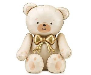 Pallone PALLONCINO a forma di Orso orsetto Teddy Bear color crema con fiocco oro - foil Mylar - addobbo decorazione feste compleanno, nascita bimbo, san valentino amore - 75x84cm - gonfiabile ad aria