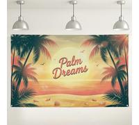 Palm Dreams, sfondo da parete tropicale, scena decorativa con tramonto sulla spiaggia, sfondo estetico estivo per interni ed esterni, sfondo fotografico per feste ed eventi, 180 x 109 cm