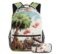 Palme da dattero e cannoni Iftar restano alla moda e preparati con questo zaino e astuccio duo, ideale per studenti, Multicolore#05, B：29.4x20x40cm P：19x7.5x3.8cm, Zaini Daypack