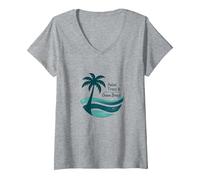 Palme e brezza oceanica Vacanza Tropicale sulla Spiaggia Maglietta con Collo a V, Donna, Grigio Melange, XL