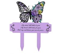 Palo commemorativo a forma di farfalla viola con poesia di condoglianze | Targhe commemorative impermeabili in ferro per giardino e cimitero, commemorazione per i propri cari, 26 x 21 cm