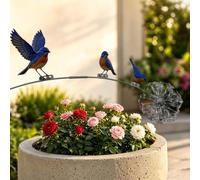 Palo da giardino con pettirosso, in metallo, con 3 uccelli e fiori, decorazioni artistiche rustiche per giardino con pettirossi, scultura per giardino, patio, aiuola e cortile (blu B)