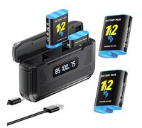 Palogreen 2 batterie Go Pro Hero 12 nere con caricabatterie per Go Pro Hero 12/11/10/9 nero, caricabatterie a 3 canali con display LCD, slot per schede TF, adatto a bassa temperatura, caricabatterie