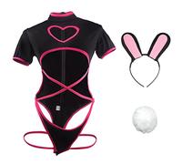paloli Costume sexy da coniglietta da donna, lingerie sexy, pezzo unico, con cuore e cuore sul davanti, set carino