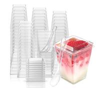 PALUDO 50 Pezzi Mini Tazze da Dessert con Coperchi e Cucchiai, 150ml Coppette da Dessert in Plastica, Riutilizzabile Bicchierini da Dessert Trasparente per Budino Mousse Matrimoni Feste