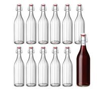 PALUPLUS 12 Bottiglie in Vetro Costolata da 1 Litro, Misura 10x30 cm, Bottiglia Vintage con Tappo a Ermetico a chiusura meccanica e guarnizione, per acqua, olio, vino e liquore -8689F -9,4