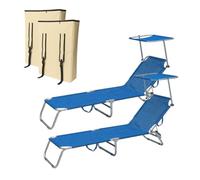 PALUPLUS 2 Lettini Prendisole Pieghevoli con Tetto Parasole con 2 BORSE Portalettino, Misura 180x55x90 cm, Tessuto Textilene, Struttura Metallo Tubolare da 18mm, Peso Max 120kg -9301F (Blu)