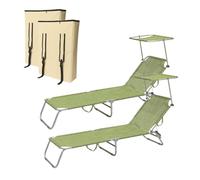 PALUPLUS 2 Lettini Prendisole Pieghevoli con Tetto Parasole con 2 BORSE Portalettino, Misura 180x55x90 cm, Tessuto Textilene, Struttura Metallo Tubolare da 18mm, Peso Max 120kg -F (Verde)