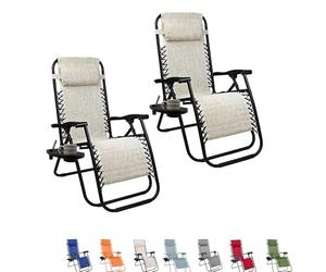 PALUPLUS 2 Sedie Gravity ''gravità zero'' con Portabicchieri e Telefono, poltrona pieghevole in Textilene, tubi acciaio, sedia per piscina, lettino da spiaggia, giardino (Avorio)