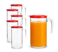 PALUPLUS 6 Caraffe da Tavola in Vetro con Coperchi Rossi da 1 Litro, Misura 10x20 cm, Brocca trasparente con Manico e Beccucio Antigoccia, per acqua, bevande, Lavabile in lavastoviglie -5012F -5,1
