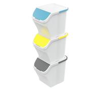 PALUPLUS Set 3 Pattumiere a Torre Bianche per Raccolta Differenziata, misura 40x30x34 cm, Capacità 25 Litri, Bidoncini Spazzatura Impilabili con Maniglia, Colori Giallo, Grigio e Azzurro -1235C -3,48