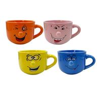 Paluplus Set 4 Tazze da Colazione in Porcellana Multicolor con Faccine Divertenti, Capacità 450 ml, Tazze Mug con manico, Lavabili in Lavastoviglie, adatte per Microonde, per Thè, Tisane e Latte -218F