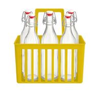 PALUPLUS Set 6 Bottiglie in Vetro da 1 Litro con Cestello Portabottiglie, Bottiglia Vintage Costolata, Porta bottiglie in Plastica a 6 Scomparti con manico per trasporto -8636/8689-6 (Giallo)