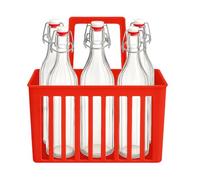 PALUPLUS Set 6 Bottiglie in Vetro da 1 Litro con Cestello Portabottiglie, Bottiglia Vintage Costolata, Porta bottiglie in Plastica a 6 Scomparti con manico per trasporto -8636/8689-6 (Rosso)
