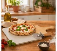 Paluplus Set Pietra con Pala in Legno e Rondella Tagliapizza, Pietra Refrattaria da 30x37 cm, Kit per Forno e Grill per Pane e Pizze fatte in casa, Include Libro di Ricette -9575F