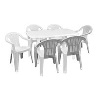 PALUPLUS Set Tavolo Ovale con 6 Sedie in Plastica da Giardino di colore Bianco, Misura tavolo 136x85x73 cm, Sedie Impilabili con Braccioli, Arredo da Esterno, Terrazzo, Made in Italy -FAR/LYR
