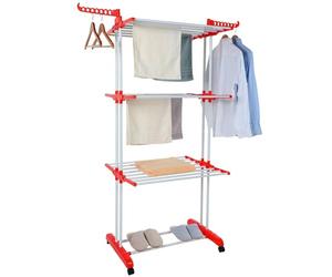 PALUPLUS Stendibiancheria a Torre da Pavimento con Ruote colore Rosso, 3 Livelli con Supporto per Grucce, Spazio di Stenditura 30 mt, Pieghevole e Salvaspazio, Stendipanni per Interno ed Esterno -576