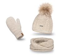 PaMaMi Set Invernale Cappello Scaldacollo Muffole Donna | Scalda collo A Doppio Giro | 85% Acrilico 15% Poliammide| Circonferenza 55-58 cm | Taglia Unica | Passeggiate Invernali | Pompon Eco | Maglia