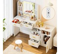 Pamapic Scrivania con 13 scomparti con specchio illuminato, vanità trucco con presa di corrente, comò bianco con specchio, toletta con 4 cassetti, 8 ripiani e armadio, 3 colori di illuminazione