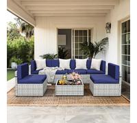 Pamapic Set di mobili componibili da esterno, divano componibile in vimini per tutte le stagioni, con cuscini lavabili, set di conversazioni in rattan grigio impermeabile, per cortile, bordo piscina