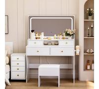 Pamapic Vanity - Mobile da trucco con schedario e sedia, 8 cassetti con specchio e luci, 3 modalità di illuminazione, tavolo da toeletta con stazione di ricarica, scivoli silenziosi, maniglie dorate