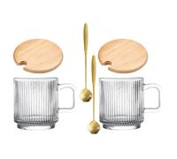 PAMINGONO Set da 2 Tazze di Vetro con Manico, Coperchio in Legno e Cucchiaio, Capacità 340ml, Struttura Stabile e Manico Sospeso, per Picnic e Uso Quotidiano