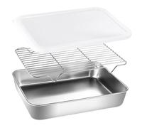 PAMINGONO Set Teglia da Forno Piccola in Acciaio Inox Griglia e Coperchio, Piastra Barbecue per Drenaggio Olio, per Cottura Arrosti e Conservazione in Cucina