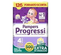 Pampers Progressi Maxi, Taglia 4 (7-18 kg), Formato Scorta, Indicatore di Bagnato, Pelli Delicate, Linguette Rinforzate, Anti-Fuoriuscite, 126 Pannolini Bambino + 500 Punti Omaggio