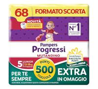 Pampers Progressi Mutandino Junior, Taglia 5 (12-18 kg), Formato Scorta, Barriera Stop&Protect, Pelli Delicate, Rimozione Facile, Senza Linguette, Cambio Veloce, 68 Pannolini Bambino+500 Punti Omaggio