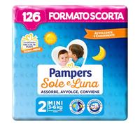 Pampers Sole e Luna Mini, Taglia 2 (3-6 kg), 126 Pannolini Neonato | Formato Scorta, Chiusura Avvolgente, Asciutto Giorno e Notte, Linguette Elastiche