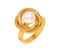 PAMTIER Anelli da donna in acciaio inox placcato oro con perle finte personalizzate, gioielli vintage delicati ed eleganti