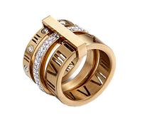 PAMTIER Anello con Numeri Romani 3 in 1 da Donna in Acciaio Inossidabile con Zircone Oro Misura 14