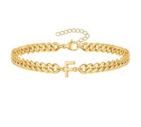 PAMTIER Cubano Link Iniziale Bracciale per Uomini Donne Coppie Lettera A-Z Nome Acciaio Inossidabile Argento Oro Placcato Charm Personalizzato Semplice Polsiera Capitale Monogramma Gioielli Oro F