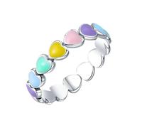 PAMTIER Donne in Acciaio Inox Smalto Arcobaleno Cuore Anelli Gocciolante Olio Delicato Colorato Cuore Dito Anelli Promessa Argento Misura 19
