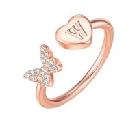 PAMTIER Iniziale Anelli per Donne Farfalla Argento Rosa Oro Placcato Aperto Regolabile Lettera A-Z Zirconia Cubica Nome Acciaio Inossidabile Carino Dichiarazione Delicato Gioielli Oro Rosa Lettera W