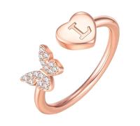 PAMTIER Iniziale Anelli per Donne Farfalla Argento Rosa Oro Placcato Aperto Regolabile Lettera A-Z Zirconia Cubica Nome Acciaio Inossidabile Carino Dichiarazione Delicato Gioielli Oro Rosa Lettera L