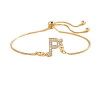 PAMTIER Iniziale Bracciali per Donne Sottile Regolabile Lettera A-Z Nome Zirconia Cubica Acciaio Inossidabile Oro Placcato Charm Personalizzato Delicato Polsiera Capitale Monogramma Gioielli Oro P