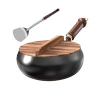 Pan Wok Cinese Con Fondo Piatto E Coperchio In Legno, Utensili Da Cucina Per Casa, Appartamento, Ristorante E Uso Commerciale | Vaso In Ghisa | Casseruola In Ghisa Per Una Cui