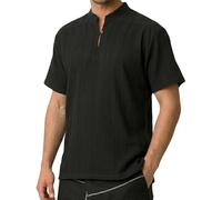 PANASIAM Camicia Pescatore Uomo - Camicia Henley Estiva Senza Collo | Camicia 100% cotone, Fisherman Shirt, bottone in legno, senza collo, per tutti i giorni, vacanze o come camicia medievale
