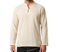 PANASIAM Camicia Pescatore Uomo - Camicia Henley Estiva Senza Collo | Camicia 100% cotone, Fisherman Shirt, bottone in legno, senza collo, per tutti i giorni, vacanze o come camicia medievale