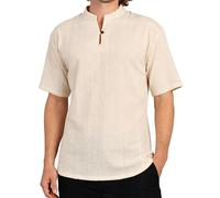 PANASIAM Camicia Pescatore Uomo - Camicia Henley Estiva Senza Collo | Camicia 100% cotone, Fisherman Shirt, bottone in legno, senza collo, per tutti i giorni, vacanze o come camicia medievale