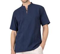 PANASIAM Camicia Pescatore Uomo - Camicia Henley Estiva Senza Collo | Camicia 100% cotone, Fisherman Shirt, bottone in legno, senza collo, per tutti i giorni, vacanze o come camicia medievale