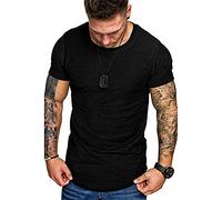 PANBOB Shirt Casual Uomo Maniche Corte Girocollo Basic Uomo T-Shirt Elasticizzata Tinta Unita Uomo Shirt Confortevole E Traspirante Bodybuilding Jogging Uomo Shirt Muscolare B-Black L