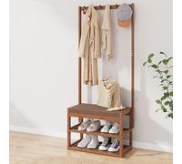 Panca da corridoio 3 in 1 in bambù con scarpiera stretta appendiabiti in legno da ingresso nizer con ganci e doppio ripiano portaoggetti, elegante appendiabiti marrone