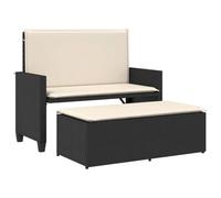 Panca da giardino con cuscino e sgabello, in rattan sintetico, colore: nero | Divano letto 2 in 1, schienale regolabile, poggiapiedi, per terrazza e balcone