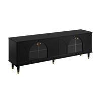 Panca di design con vetro scanalato, struttura della porta curva, sistema di apertura silenzioso, spazio decorativo, linguaggio della forma chiaro, piedini accentuati, carattere elegante (nero)