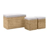 Panca e 2 Pouf in Giunco con Cuscini Grigi, 75x38x46 cm | Giunco e, cuscini spessi 7 cm, già assemblato, supporta 110 kg per seduta, poliestere 100%
